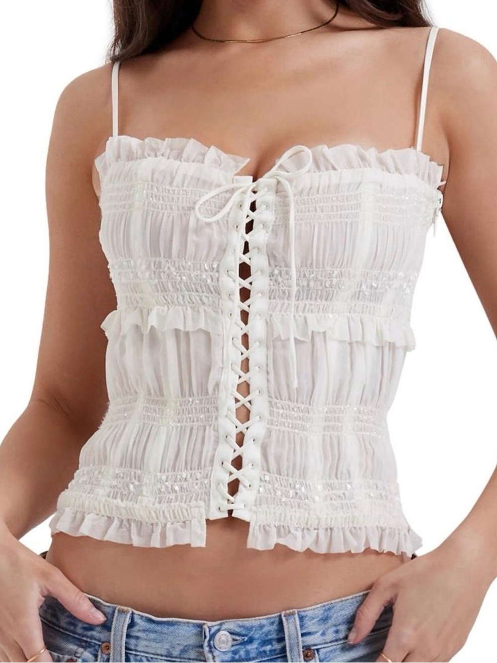 House of CB White Ruffled Lace-Up Cami Top